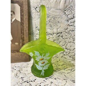 Lime Green Westmoreland Satin Glass Basket Hand Ppainted Daisies